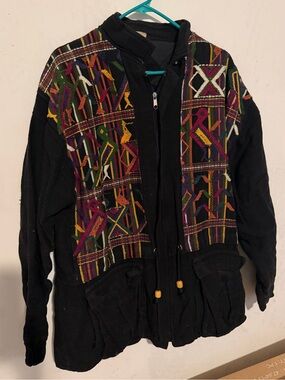 Handmade Guatemala Woven Cotton Jacket Size L Boho Tribal Embroidered Zip Front